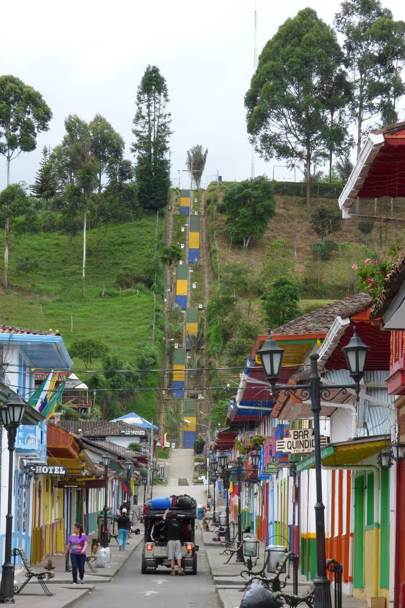 Looking up the end of Calle Real to the colourful stairway climbing the hill to the lookout