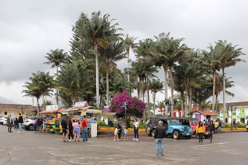 Plaza de Bolívar in Salento: palm trees, flowering bougainvillea, people and parked Willys jeeps