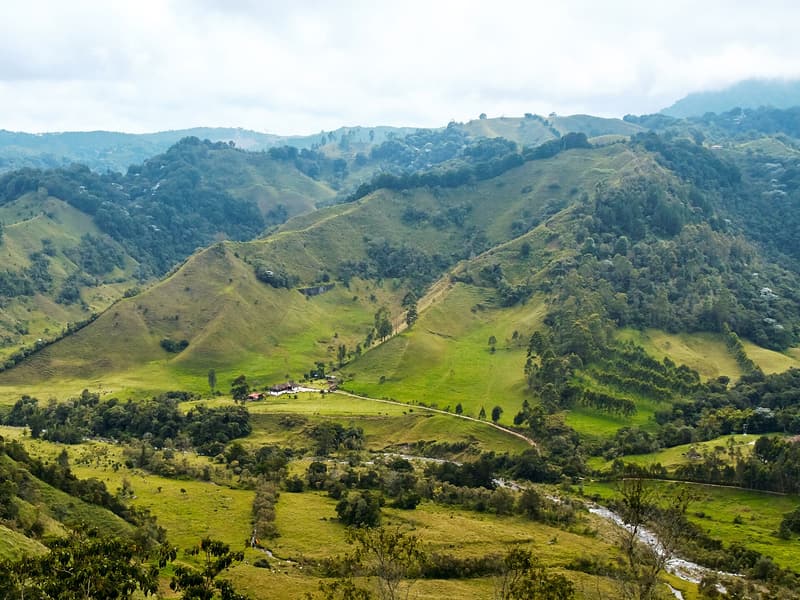 A wide green valley near Salento with folded hills, small farms and a dirt road