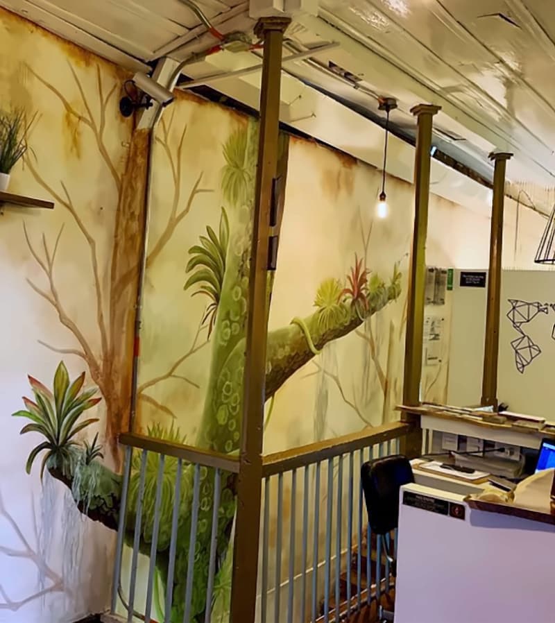 Detail of the mural: a moss-green branch with bromeliads, pendant bulbs and a geometric world map drawn on the wall behind the reception desk