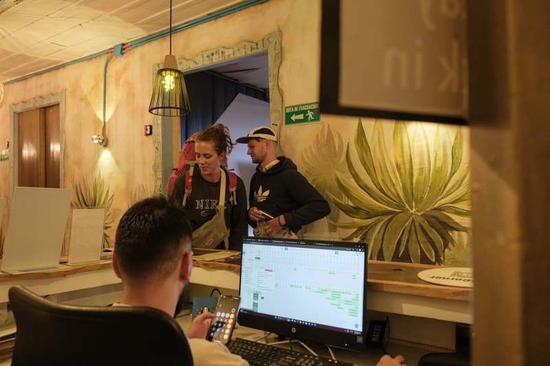 Two guests checking in at the reception counter beside a painted agave, a staff member at the computer